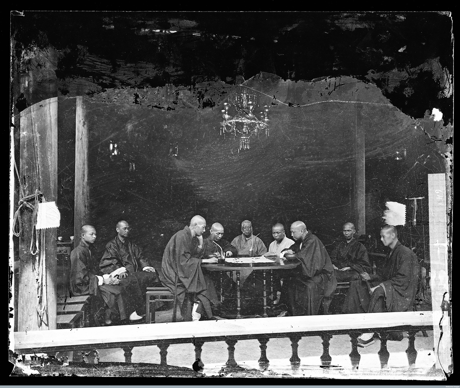 Buddhist monks playing Chinese chess, Temple of the Five Hundred Gods, Canton (Guangzhou), c.1869.  Photograph by John Thomson.  Wellcome Images (L0055983).