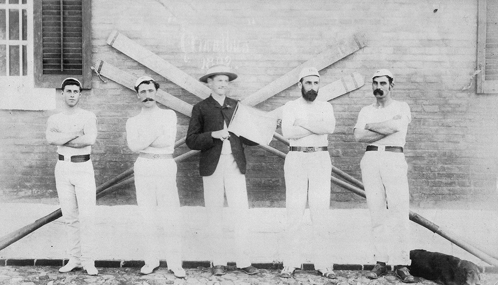Chefoo Chinese Imperial Customs rowing team. Frank Newman (far left), James Glassey (second from the left) and Duncan Clark (far right). Image courtesy of Duncan.