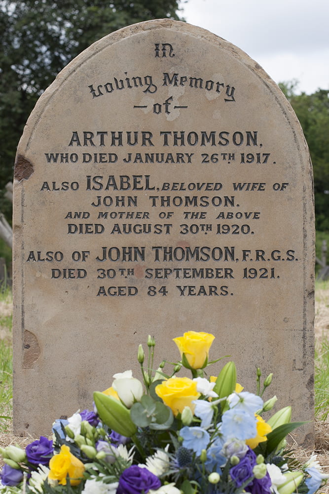 The restored gravestone for John Thomson, his wife Isabel and their son Arthur. Streatham Cemetery, Tooting, London. Photograph by Jamie Carstairs.