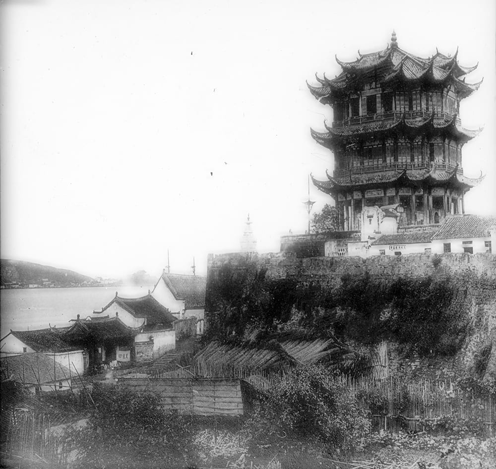 The Yellow Crane Tower (黄鹤楼), Wuchang (Wuhan). Photograph by Pow Kee, whose studio was to the right of the pagoda. A scan of a magic lantern slide © 2019 Royal Asiatic Society. Historical Photographs of China ref: RA-m122.