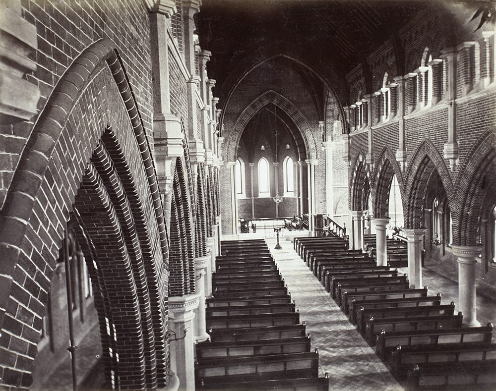 Interior of Holy Trinity Cathedral, Shanghai, c1870. The ‘British Church’ or Holy Trinity Church (later Holy Trinity Cathedral) was consecrated in 1869. Unidentified photographer. HPC ref: Fr01-128.