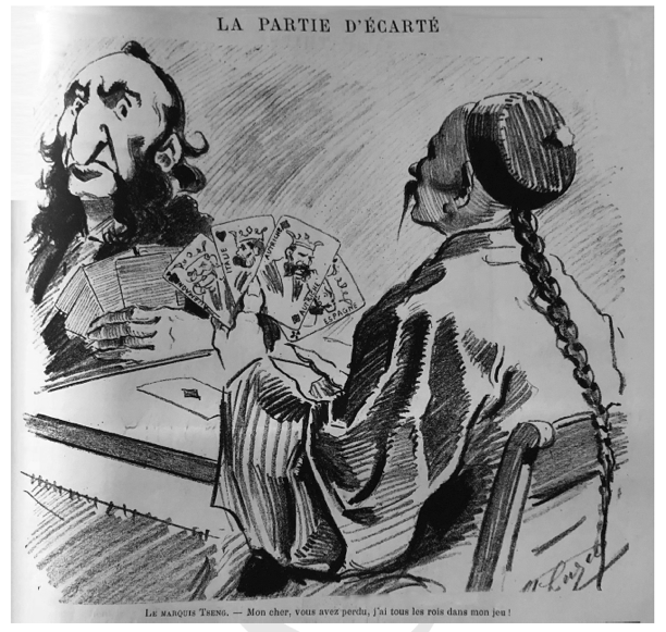 Figure 7: French political cartoon depicting Zeng Jize playing cards with Jules Ferry as an allegory of their intense negotiations in the months leading up to the Sino-French War. Le monde parisien, 1883.