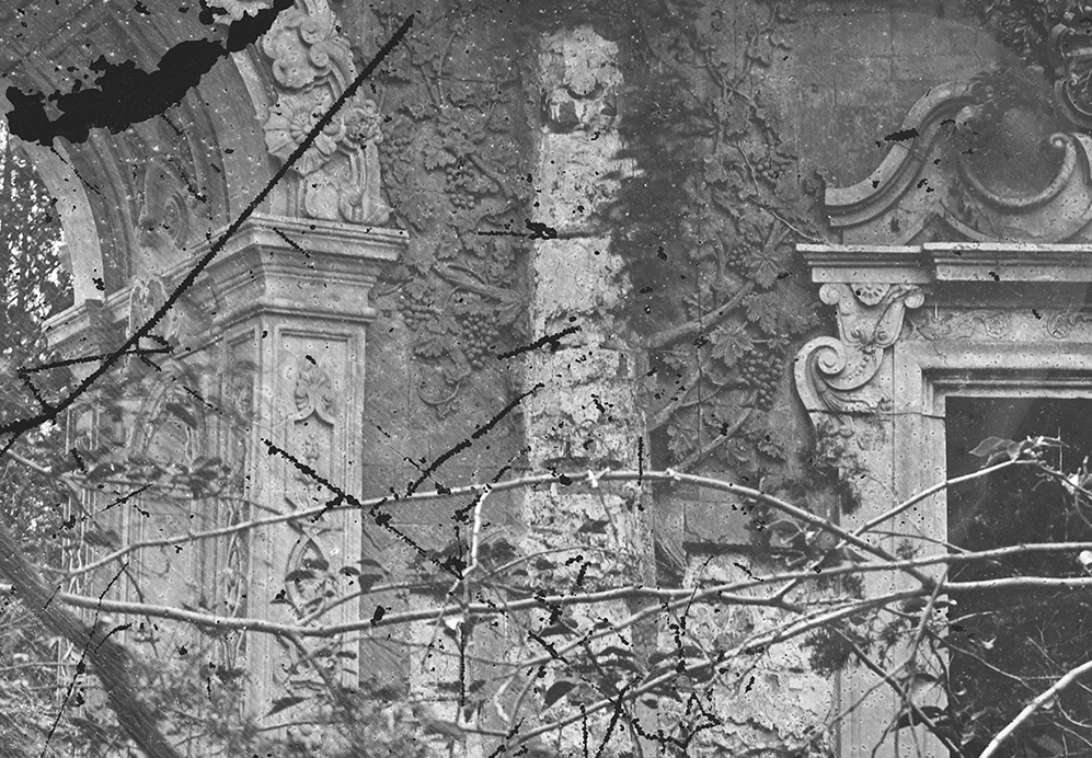 Fig. 6: A detail/extract of Moore’s photograph of Xianshan Dongmen (Gate east of the Hill of Perspective). This is an evocative photograph, which relates to the ‘pleasure of ruins’ – the luxuriant plants growing wild echoing the rococo vine carving on the gate. Xianshan Dongmen was not photographed by Child or Ohlmer. Royal BC Museum, ref J-00426.