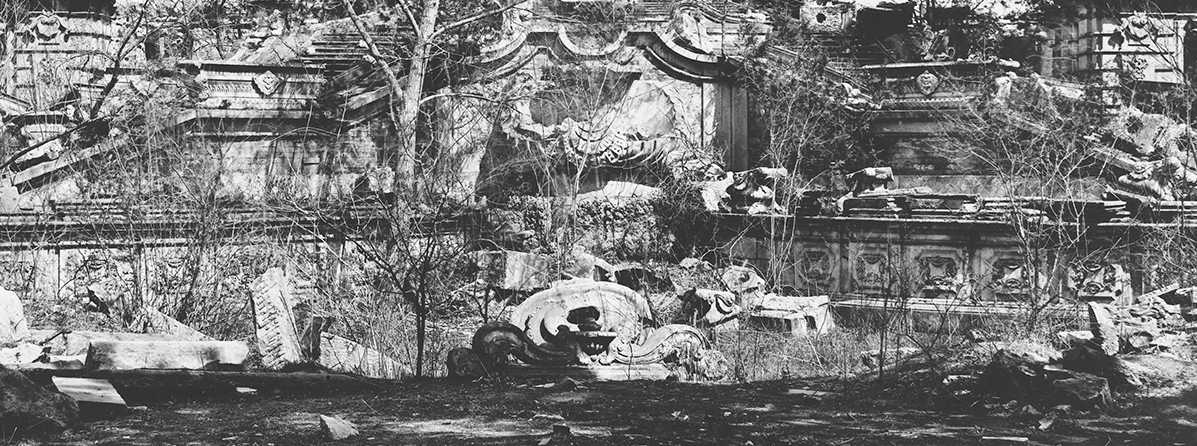 Fig. 10: A detail/extract of Moore’s photograph of Haiyantang (Palace of the Calm Seas). Royal BC Museum, ref J-00413. The photographs of Haiyantang by Moore and Ohlmer were both taken from a similar viewpoint – although Moore's is a wider view. The foreground (clock fountain) is captured better in Moore's photograph; the background (building) in Ohlmer's is better.